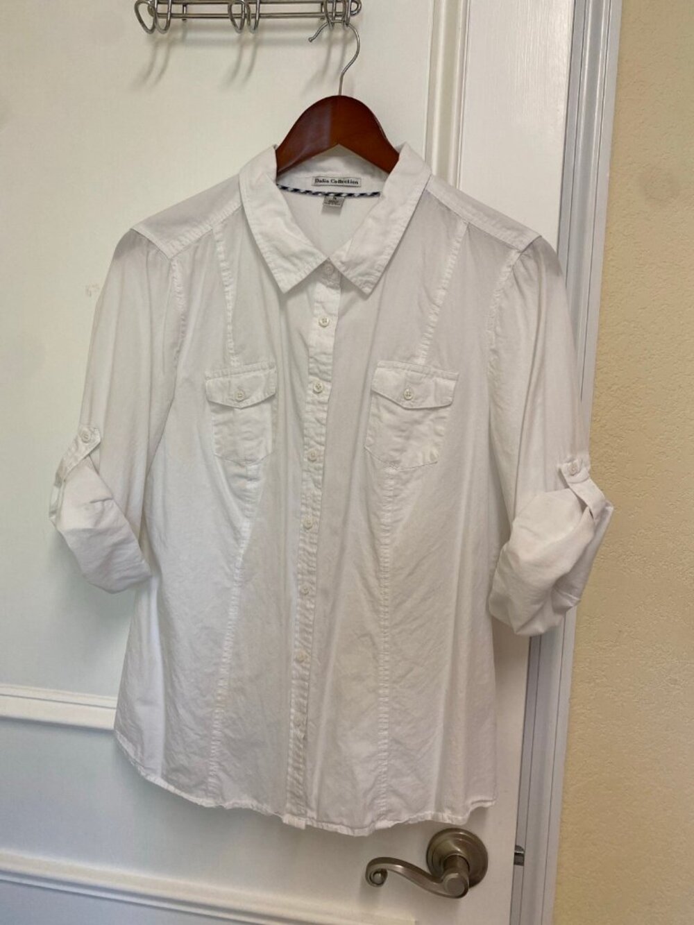 Dalia Collection Crisp White Button Down 100% Cotton Top 3/4 Sleeve Size XL